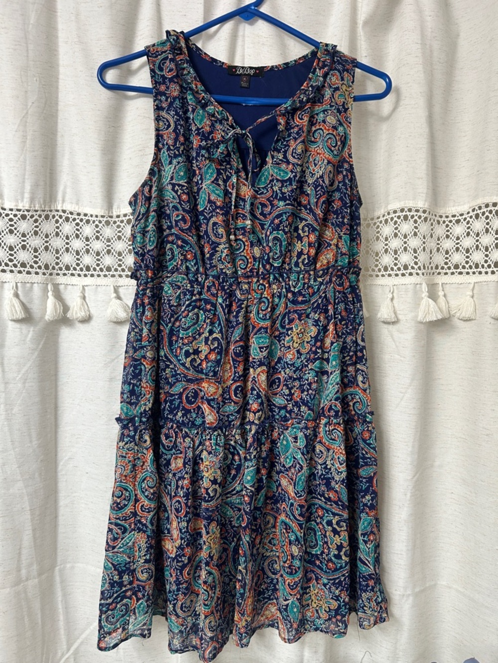BeBop Navy Paisley Tie-Front Tiered Mini Dress with Teal & Coral Accents